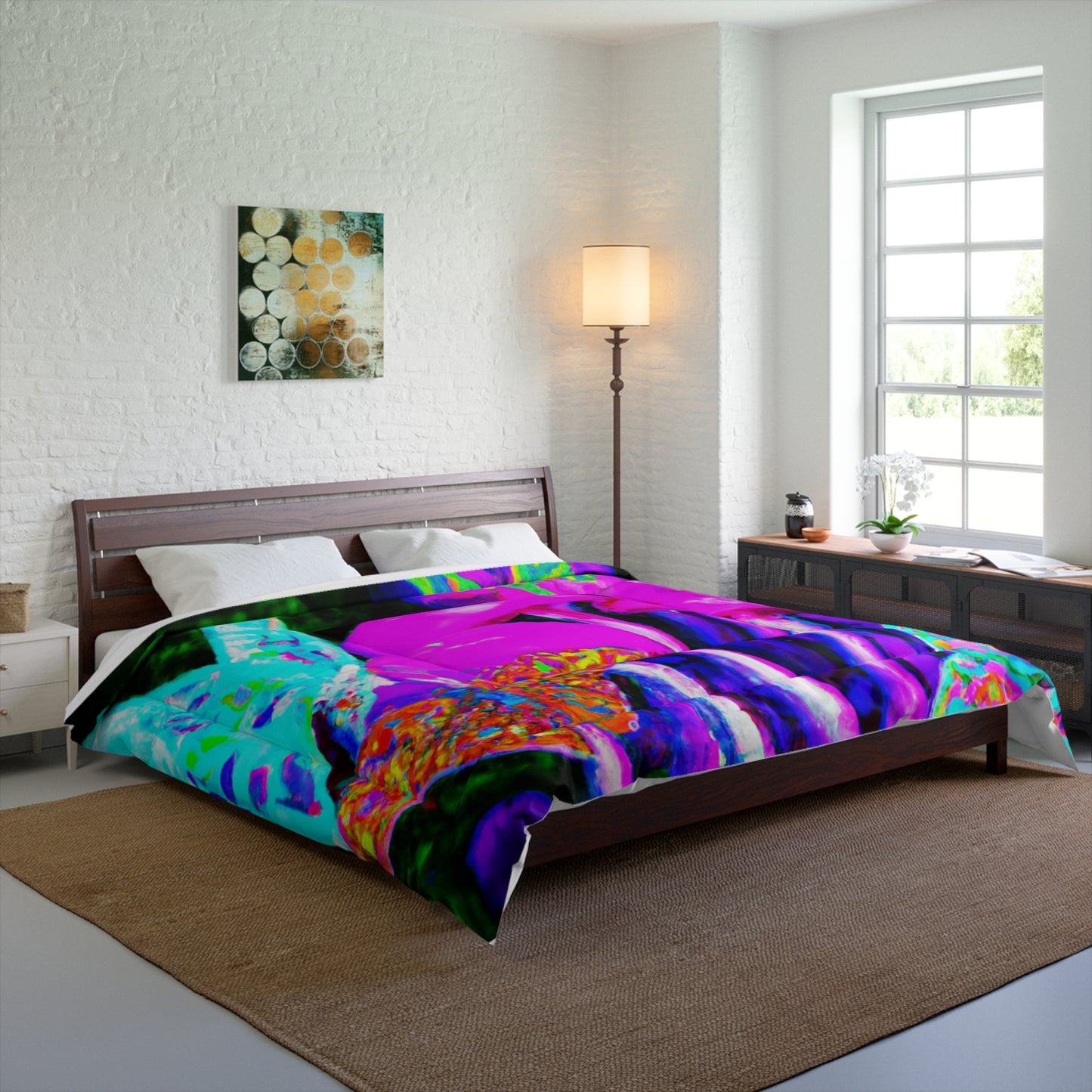 "Neon Glade of Wonders" Butterflies & Mushrooms Comforter Blanket