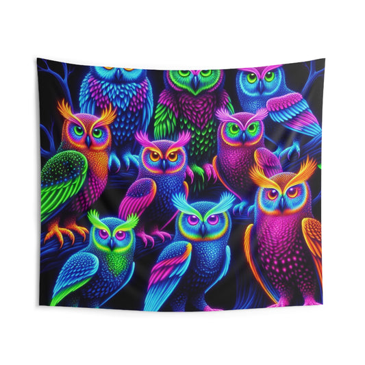 "Neon Nocturne" NEON Owls Art Tapestry