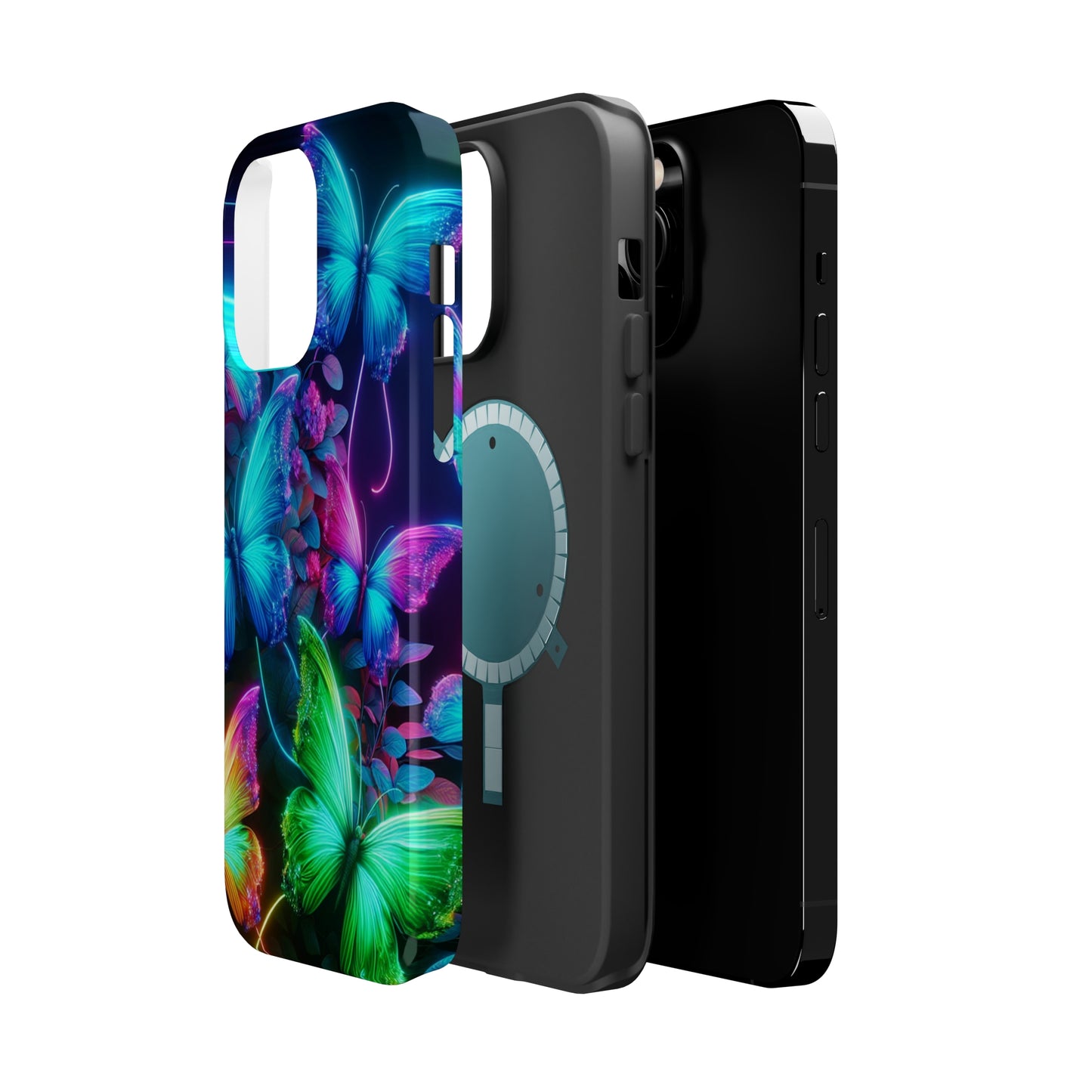 Neon Flutter Symphony Neon Butterflies Premium Art Magsafe Magnet Tough IPhone 13 14 15 Pro Plus Max and Mini in Matte and Glossy Phone cases