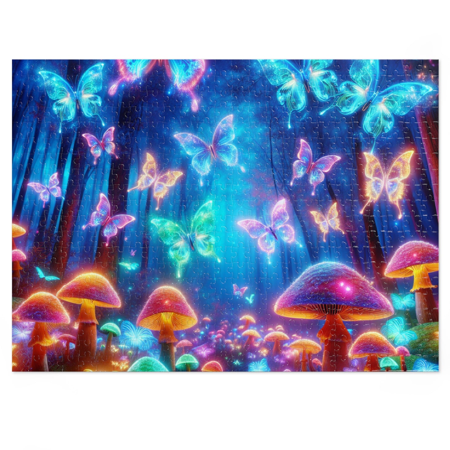'Vibrant Neon Dreamscape' - Neon Butterflies and Mushrooms Puzzle 30, 110, 252, and 1000 Pieces