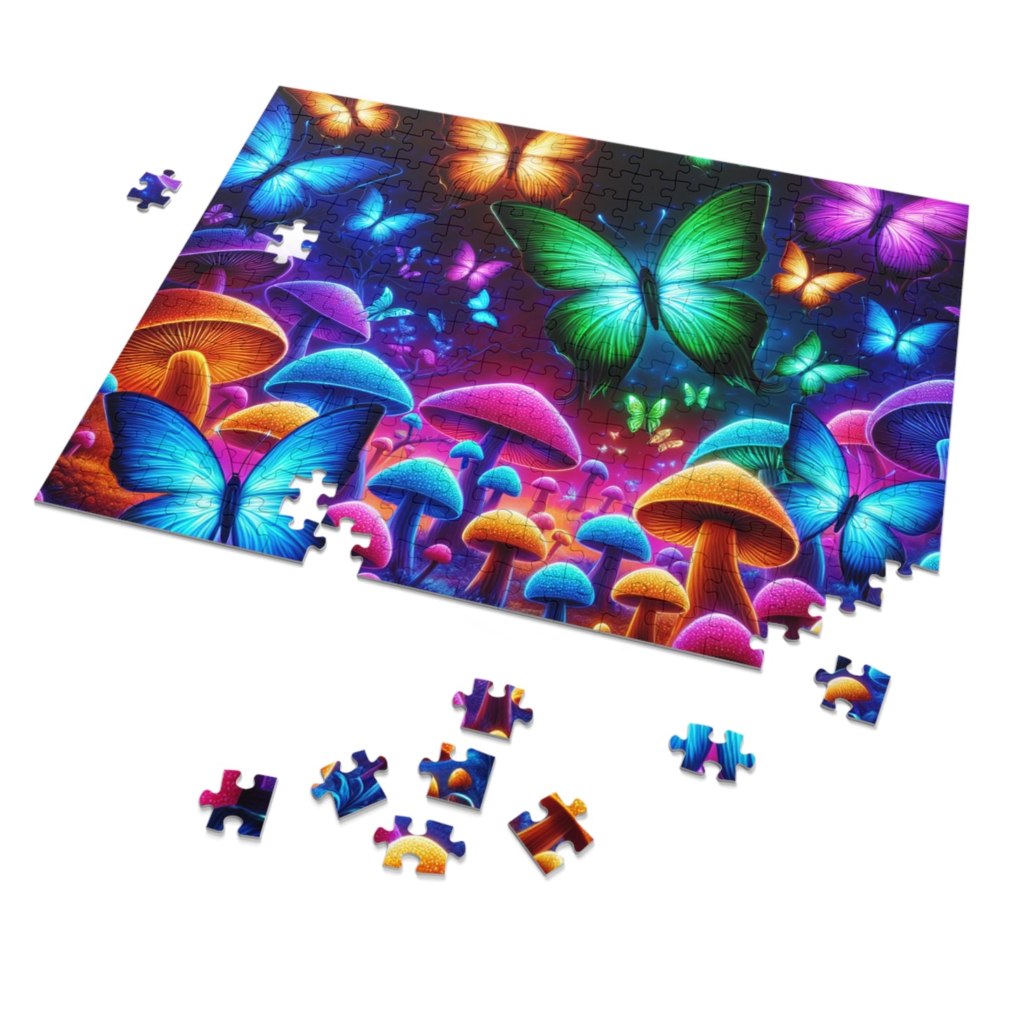 Neon Splurge. - Neon Butterflies and Mushrooms Puzzle 30, 110, 252, and 1000 Pieces