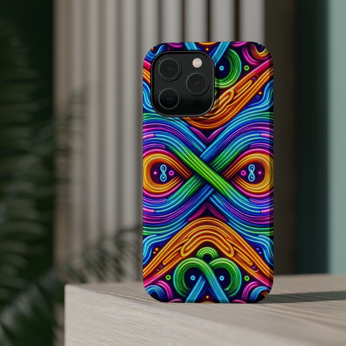 Cosmic Neon Infinity Spectacular. Neon Trippy Infinity Patterns Premium Art Magsafe Magnet Tough IPhone 13 14 15 Pro Plus Max and Mini in Matte and Glossy Phone cases