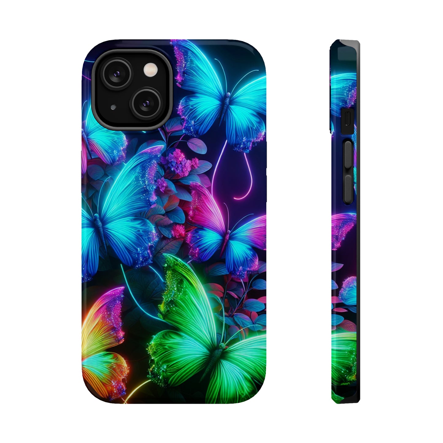 Neon Flutter Symphony Neon Butterflies Premium Art Magsafe Magnet Tough IPhone 13 14 15 Pro Plus Max and Mini in Matte and Glossy Phone cases