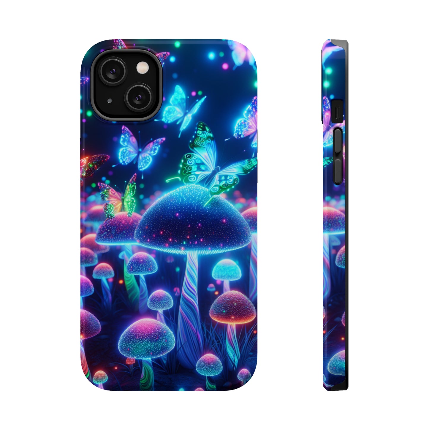 Neon Glitterbug Heaven. Neon Butterflies and Mushrooms Premium Art Magsafe Magnet Tough IPhone 13 14 15 Pro Plus Max and Mini in Matte and Glossy Phone cases