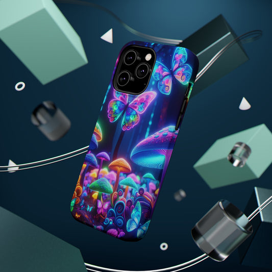 Neon Ecstasy. Neon Butterflies and Mushrooms Premium Art Magsafe Magnet Tough IPhone 13 14 15 Pro Plus Max and Mini in Matte and Glossy Phone cases
