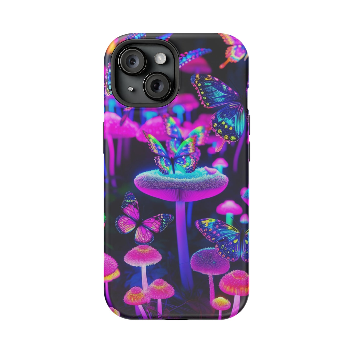 "Neon Gloomsprite Dance" Neon Butterflies and Mushrooms Premium Art Magsafe Magnet Tough IPhone 13 14 15 Pro Plus Max and Mini in Matte and Glossy Phone cases