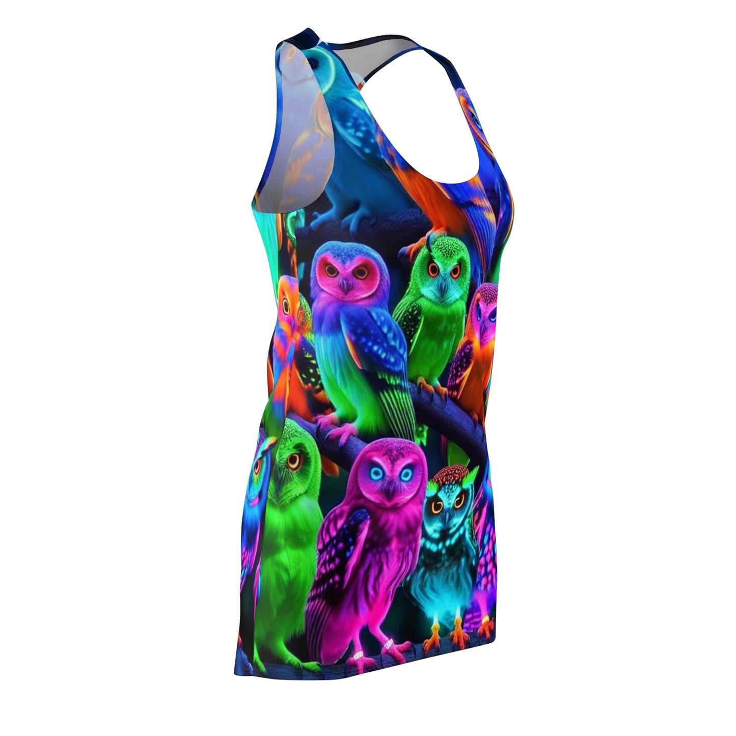 "Neon Nocturnal Revelry" Neon Owls Racerback Dress