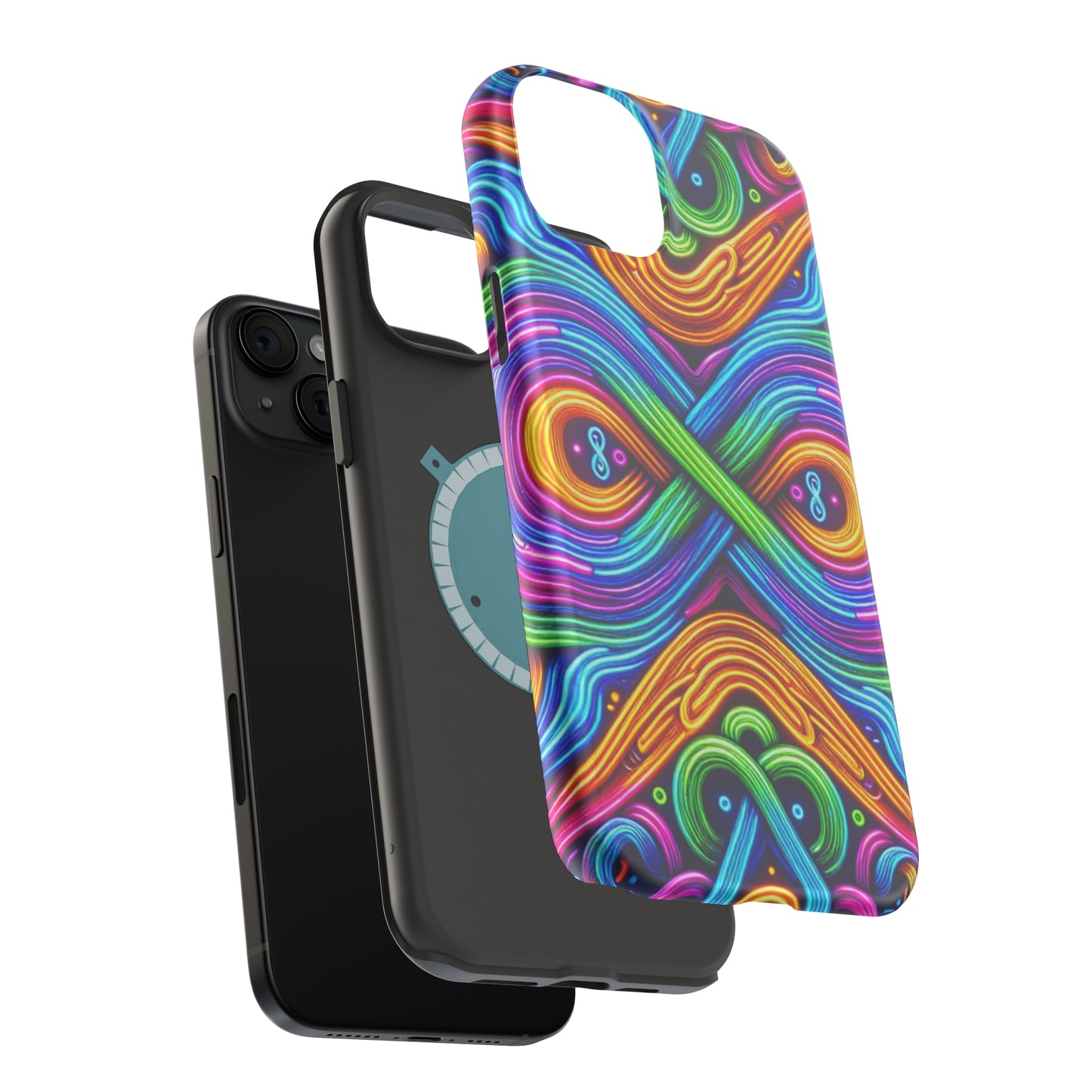Cosmic Neon Infinity Spectacular. Neon Trippy Infinity Patterns Premium Art Magsafe Magnet Tough IPhone 13 14 15 Pro Plus Max and Mini in Matte and Glossy Phone cases