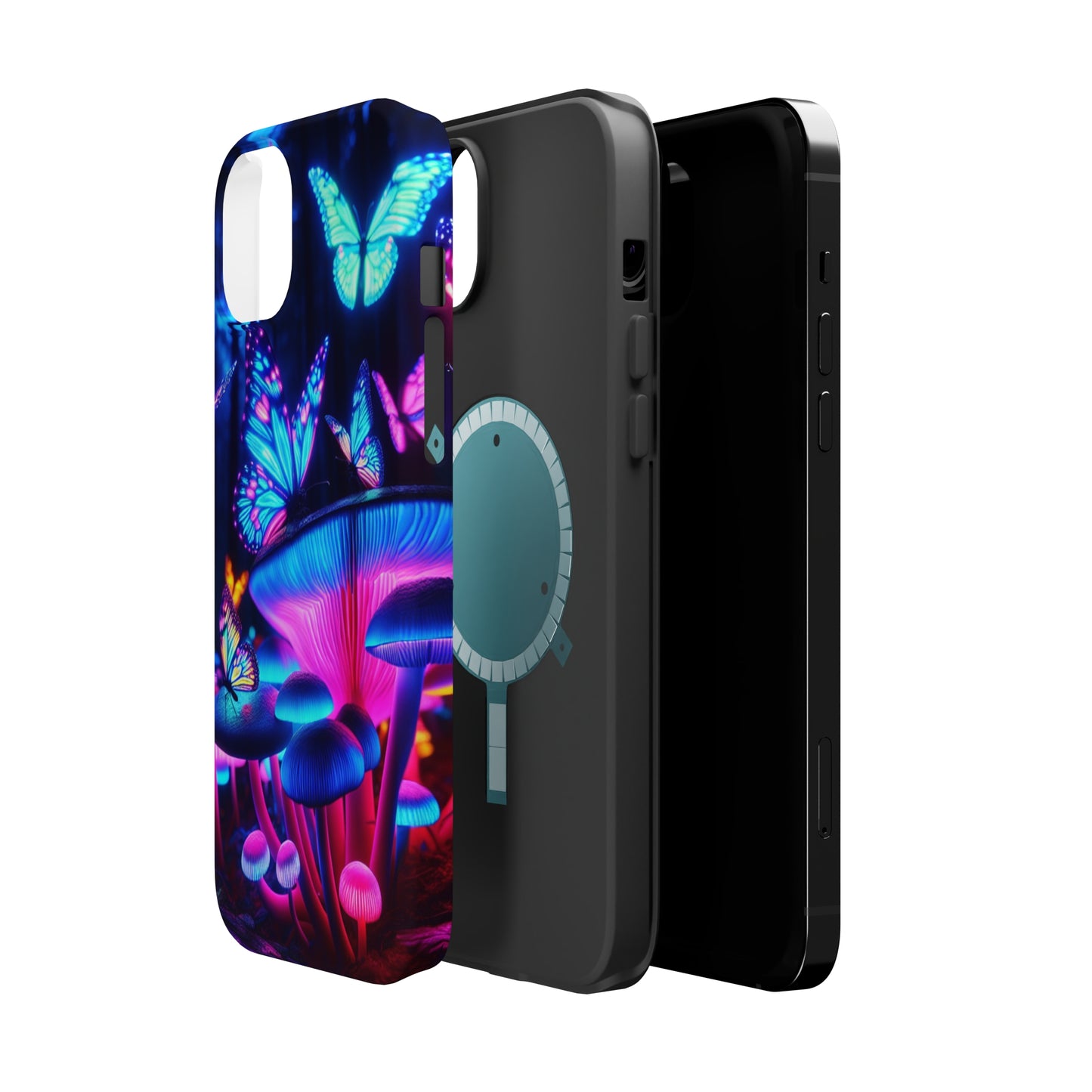 Neon Fantasy Garden Neon Butterflies and Mushrooms Premium Art Magsafe Magnet Tough IPhone 13 14 15 Pro Plus Max and Mini in Matte and Glossy Phone cases