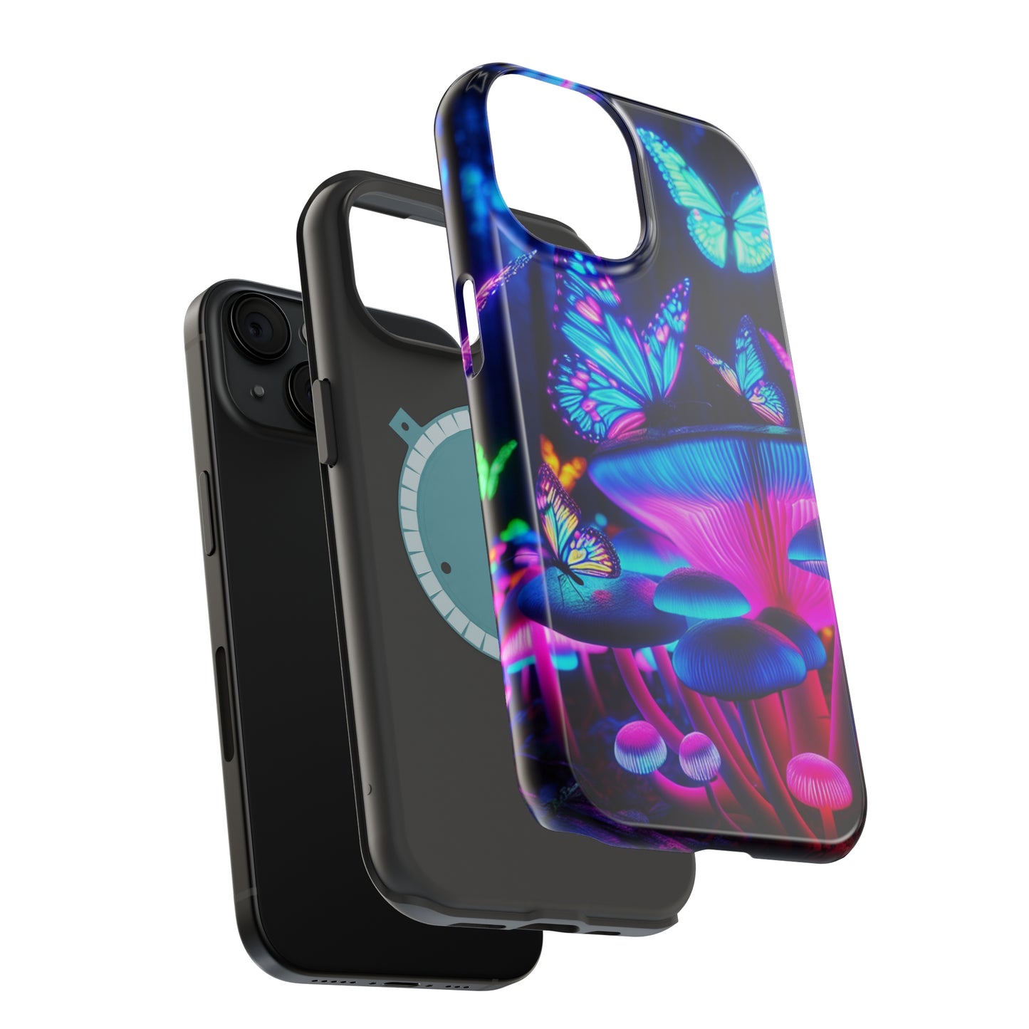 Neon Fantasy Garden Neon Butterflies and Mushrooms Premium Art Magsafe Magnet Tough IPhone 13 14 15 Pro Plus Max and Mini in Matte and Glossy Phone cases