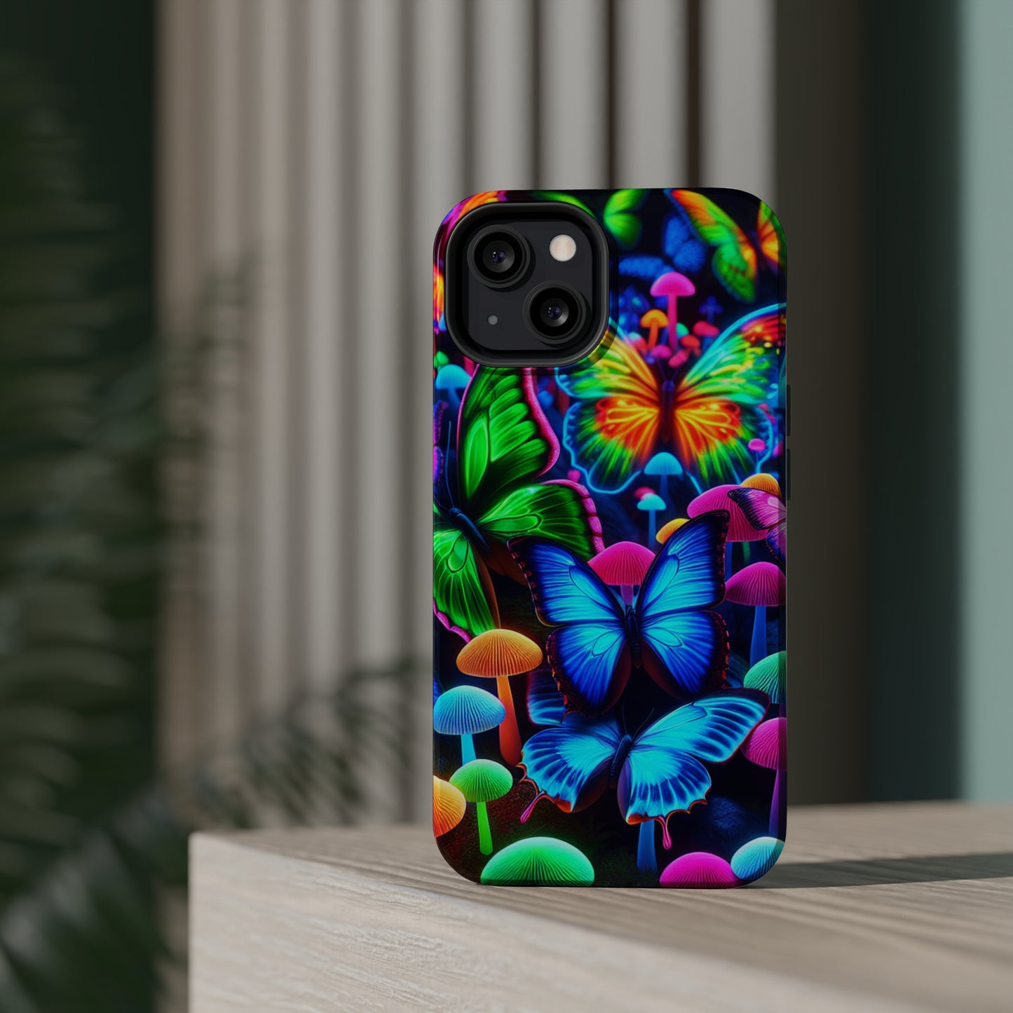 "Fantastic Fruition" Neon Butterflies and Mushrooms Premium Art Magsafe Magnet Tough IPhone 13 14 15 Pro Plus Max and Mini in Matte and Glossy Phone cases