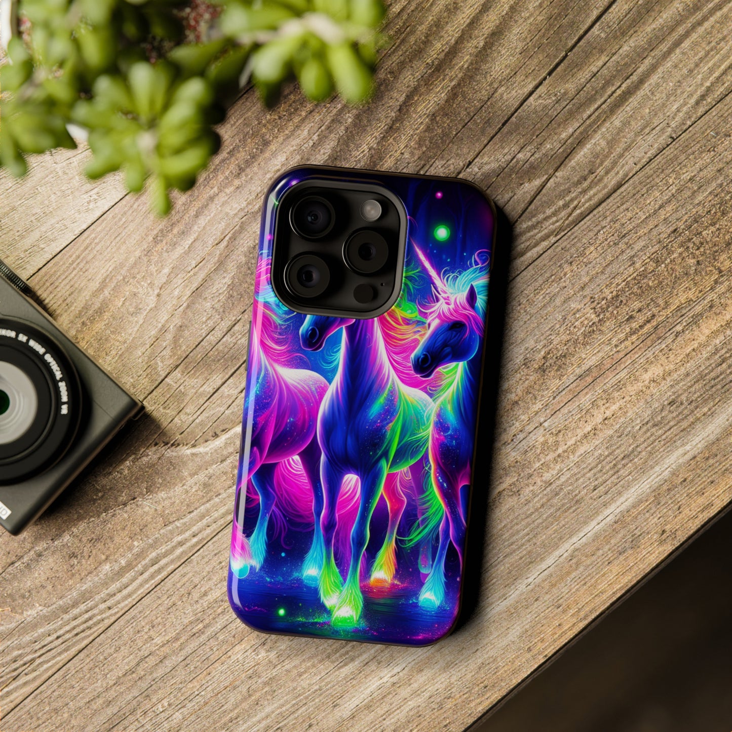 "Uni-Neon Fantasy" Neon Unicorns Premium Art Magsafe Magnet Tough IPhone 13 14 15 Pro Plus Max and Mini in Matte and Glossy Phone cases