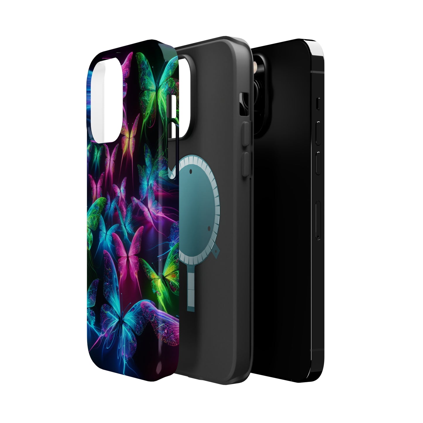 'Euphoria in Neon Flight' Neon Butterflies Premium Art Magsafe Magnet Tough IPhone 13 14 15 Pro Plus Max and Mini in Matte and Glossy Phone cases