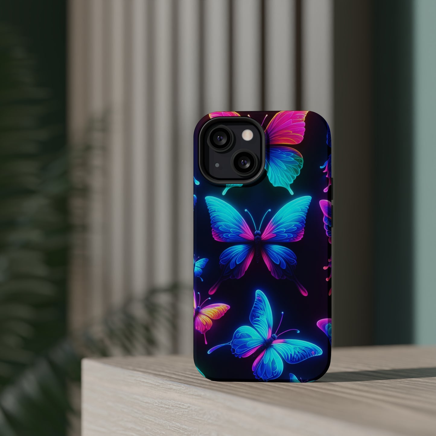 "Neon Flight Frenzy" Neon Butterflies Premium Art Magsafe Magnet Tough IPhone 13 14 15 Pro Plus Max and Mini in Matte and Glossy Phone cases