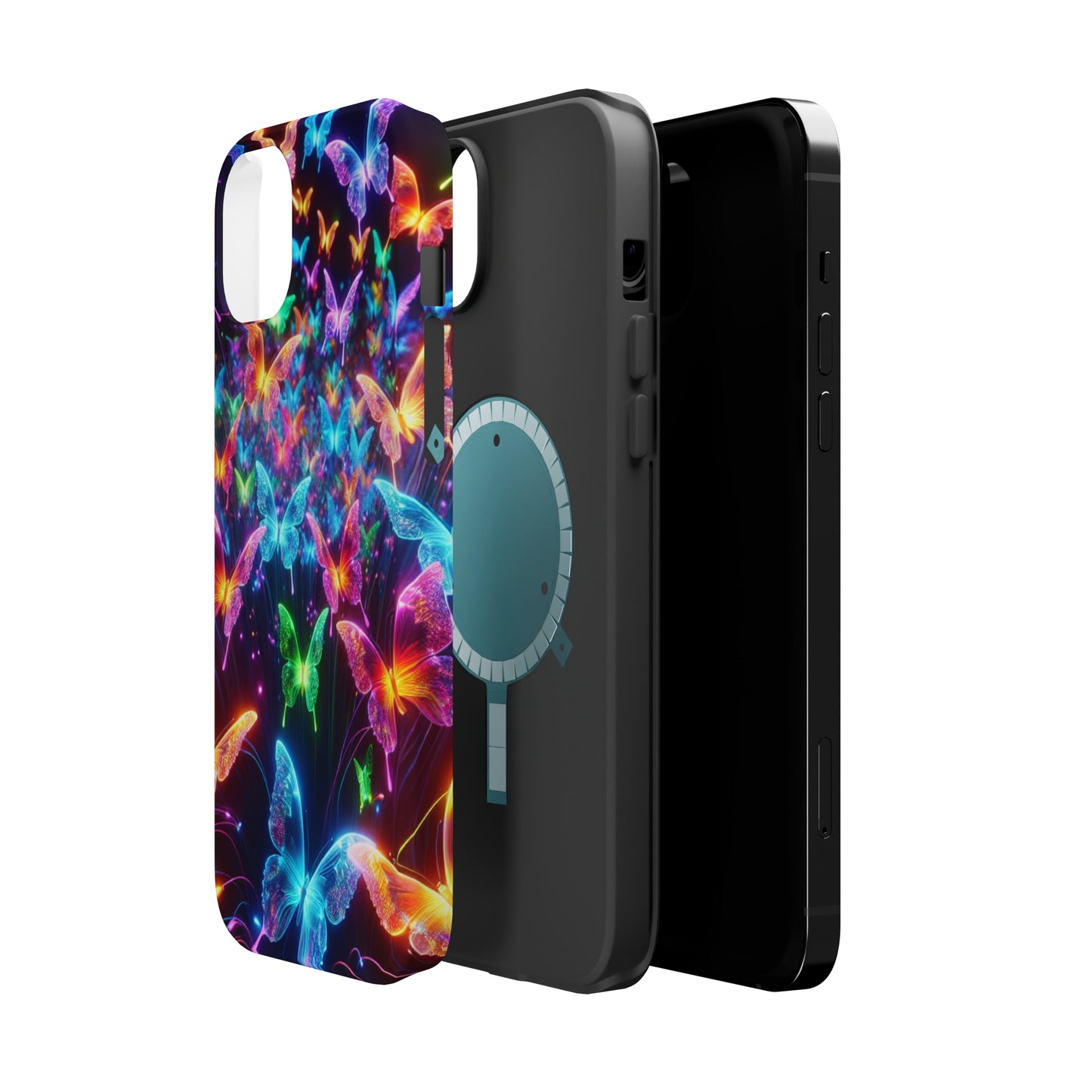 "Neon Flutterburst" Neon Butterflies Premium Art Magsafe Magnet Tough IPhone 13 14 15 Pro Plus Max and Mini in Matte and Glossy Phone cases