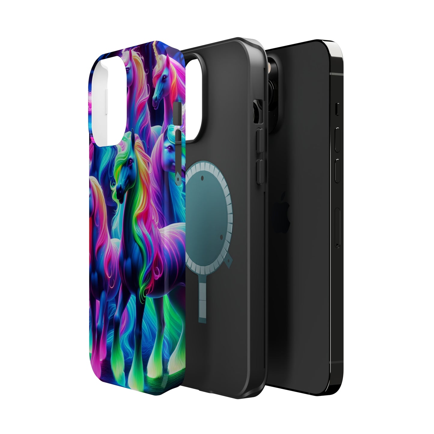 Neon Magic Skies - Unicorn Gang. Neon Unicorns Premium Art Magsafe Magnet Tough IPhone 13 14 15 Pro Plus Max and Mini in Matte and Glossy Phone cases