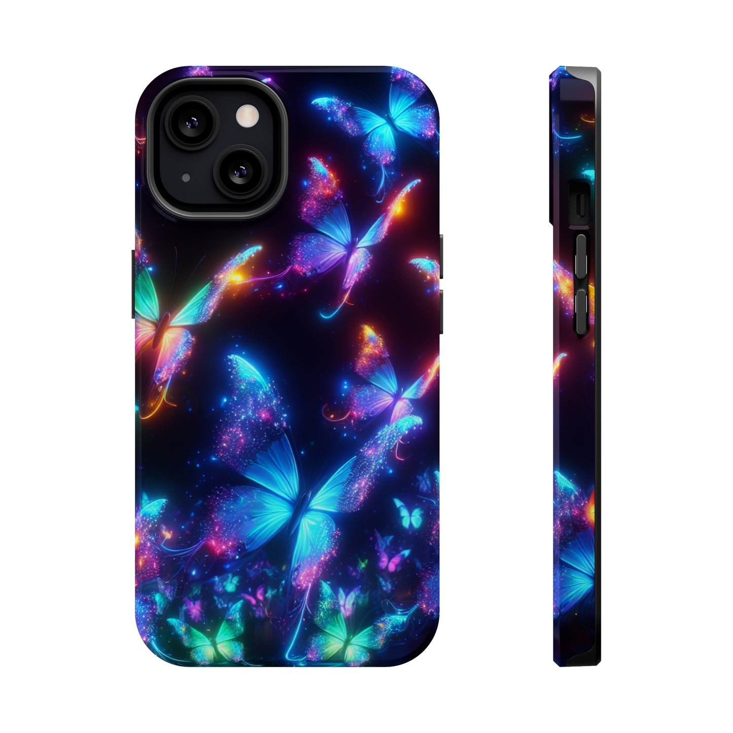 "Electrically Vivid Reverie" Neon Butterflies Premium Art Magsafe Magnet Tough IPhone 13 14 15 Pro Plus Max and Mini in Matte and Glossy Phone cases