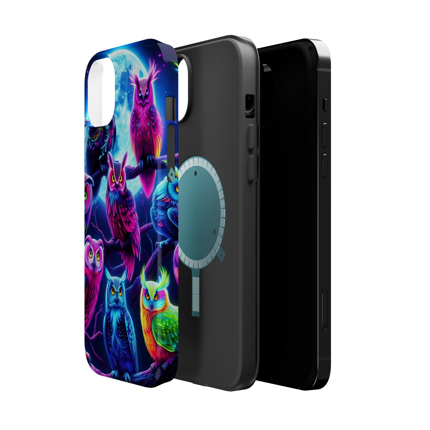 "Neon Splash of Owls" Neon Owls Premium Art Magsafe Magnet Tough IPhone 13 14 15 Pro Plus Max and Mini in Matte and Glossy Phone cases