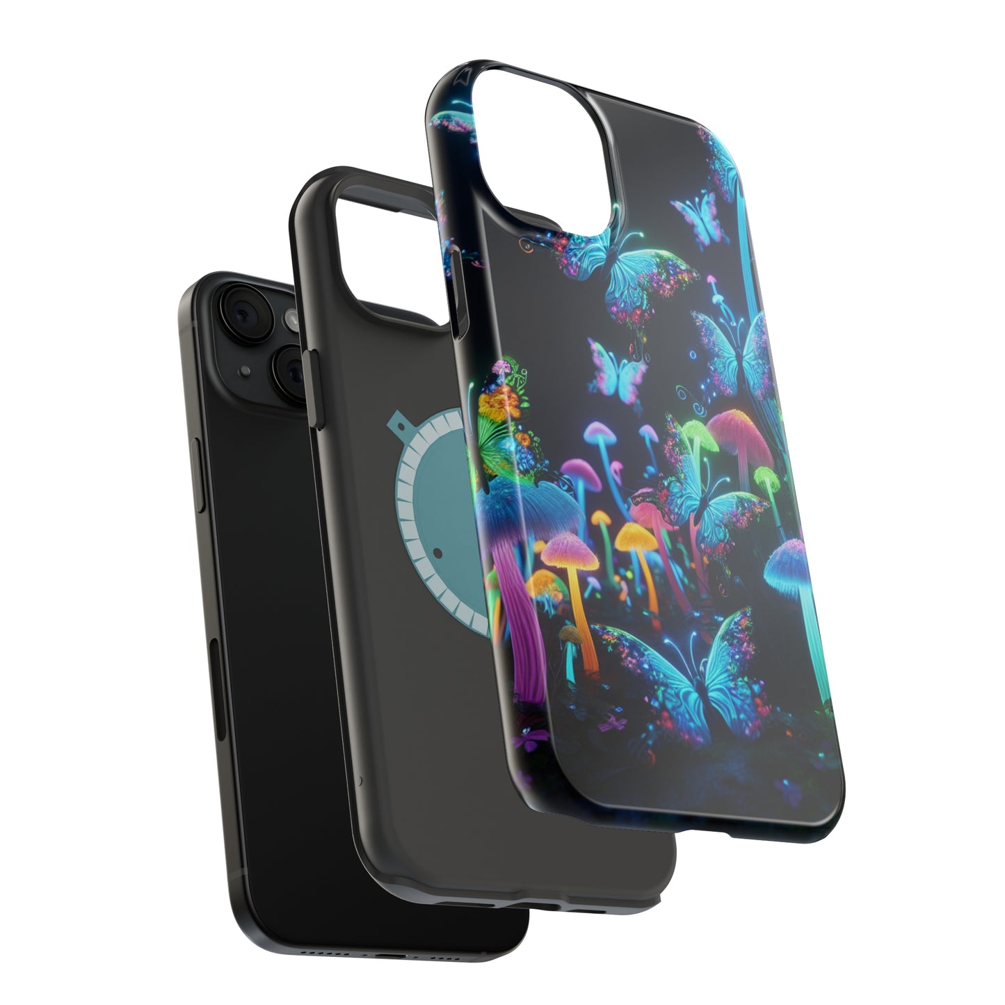 "Neon Dreamscape" Neon Butterflies and Mushrooms Premium Art Magsafe Magnet Tough IPhone 13 14 15 Pro Plus Max and Mini in Matte and Glossy Phone cases