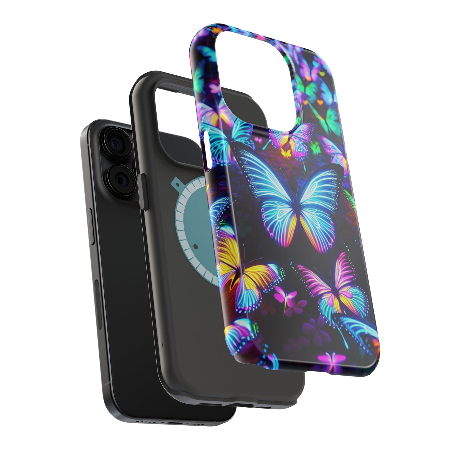 "Neon Butterflies in the Night Sky" Neon Butterflies Premium Art Magsafe Magnet Tough IPhone 13 14 15 Pro Plus Max and Mini in Matte and Glossy Phone cases