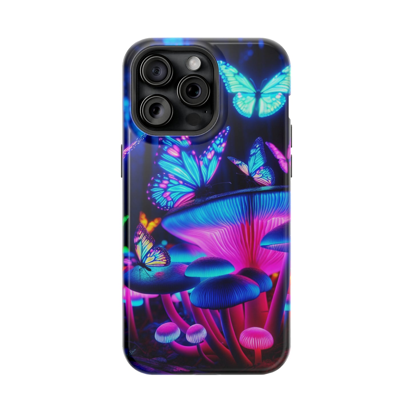 Neon Fantasy Garden Neon Butterflies and Mushrooms Premium Art Magsafe Magnet Tough IPhone 13 14 15 Pro Plus Max and Mini in Matte and Glossy Phone cases