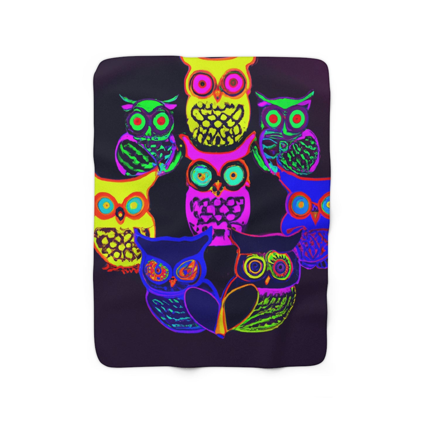 "Owls in Neon Splendor" - NEON Owls Art Sherpa Blanket
