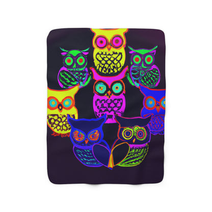 "Owls in Neon Splendor" - NEON Owls Art Sherpa Blanket