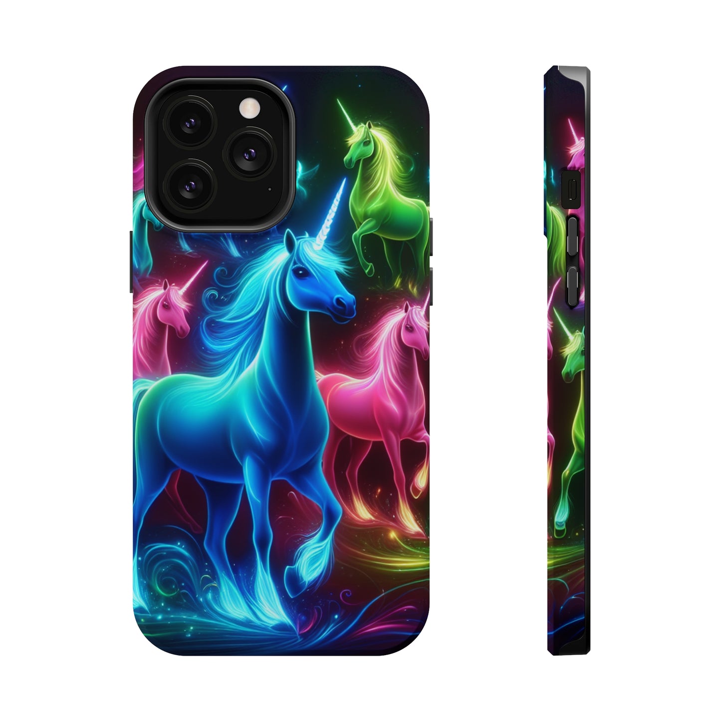 Neon Rainbow Herd. Neon Unicorns Premium Art Magsafe Magnet Tough IPhone 13 14 15 Pro Plus Max and Mini in Matte and Glossy Phone cases