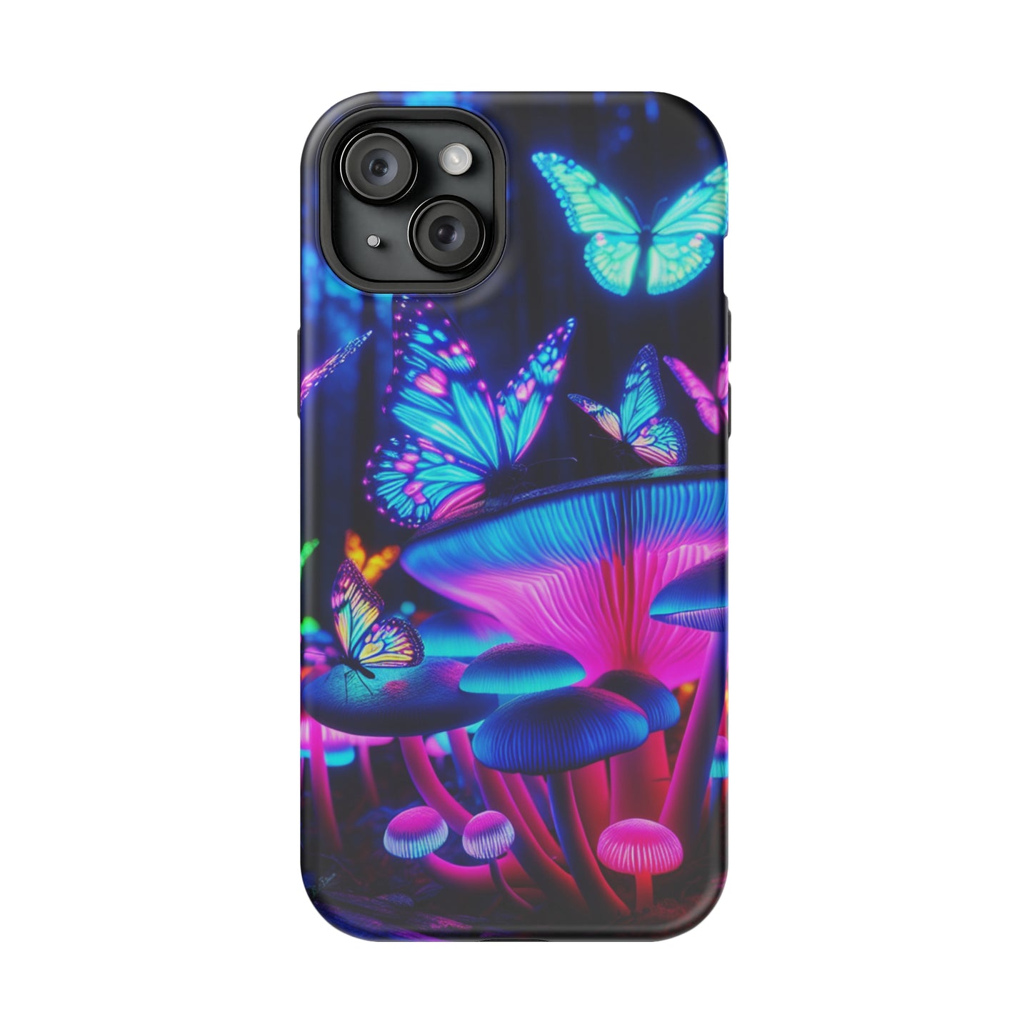 Neon Fantasy Garden Neon Butterflies and Mushrooms Premium Art Magsafe Magnet Tough IPhone 13 14 15 Pro Plus Max and Mini in Matte and Glossy Phone cases