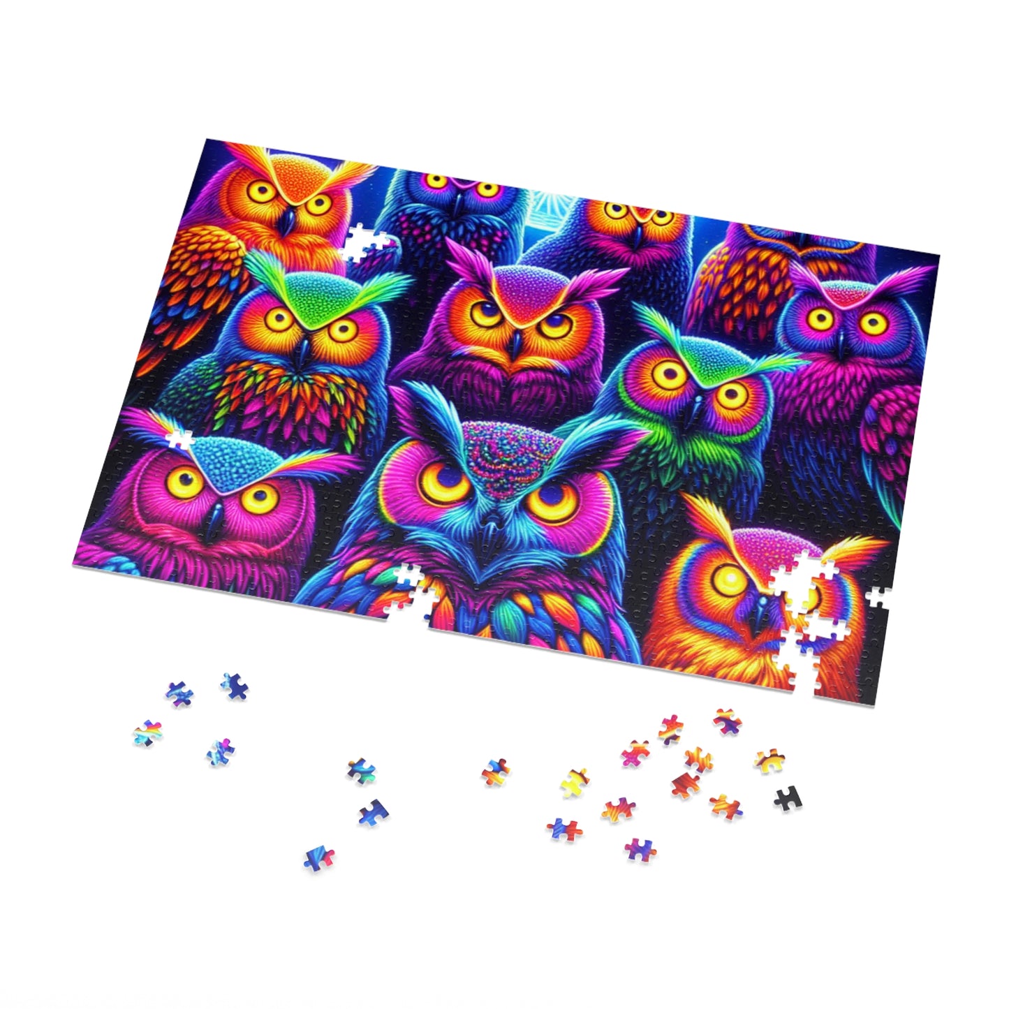 Neon Owls Gathering. - Neon Owls Puzzle 30, 110, 252, and 1000 Pieces