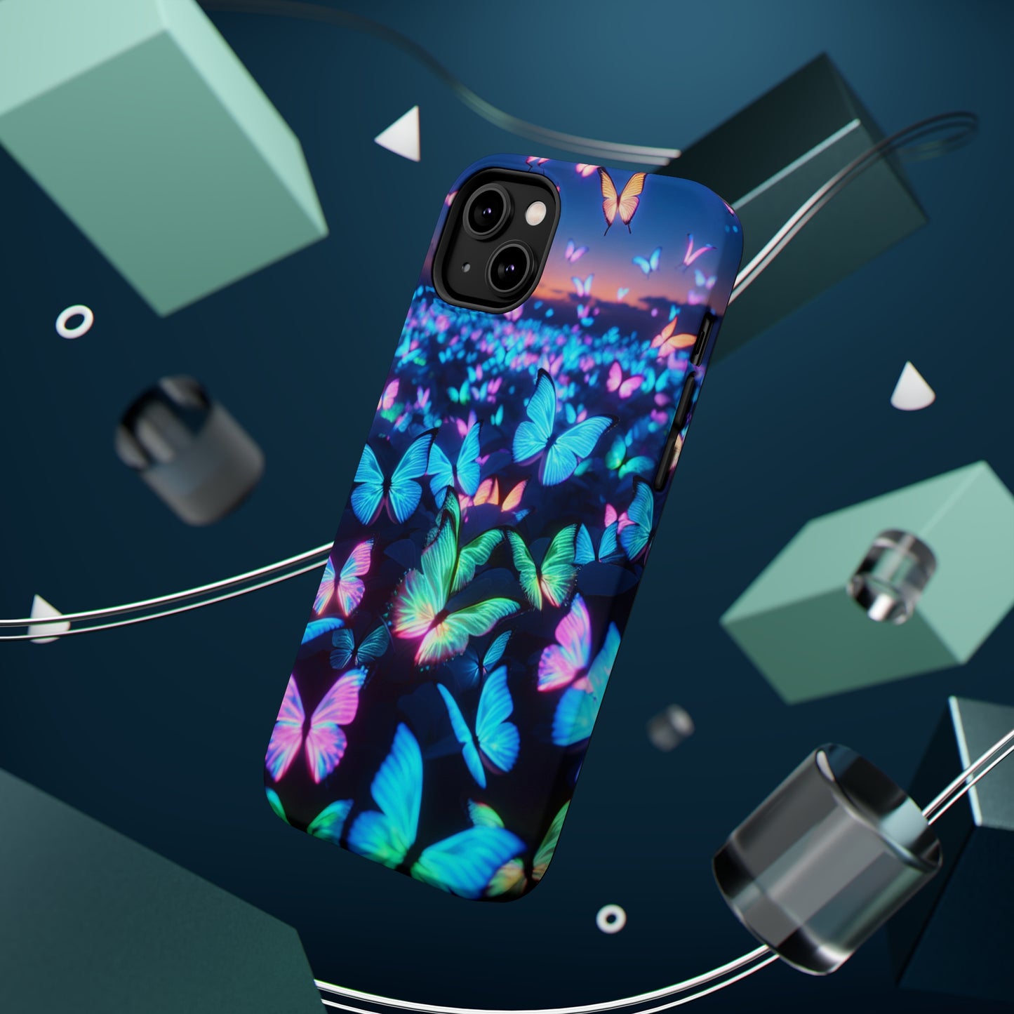 "Fantasia of Neon Butterflies" Neon Butterflies Premium Art Magsafe Magnet Tough IPhone 13 14 15 Pro Plus Max and Mini in Matte and Glossy Phone cases
