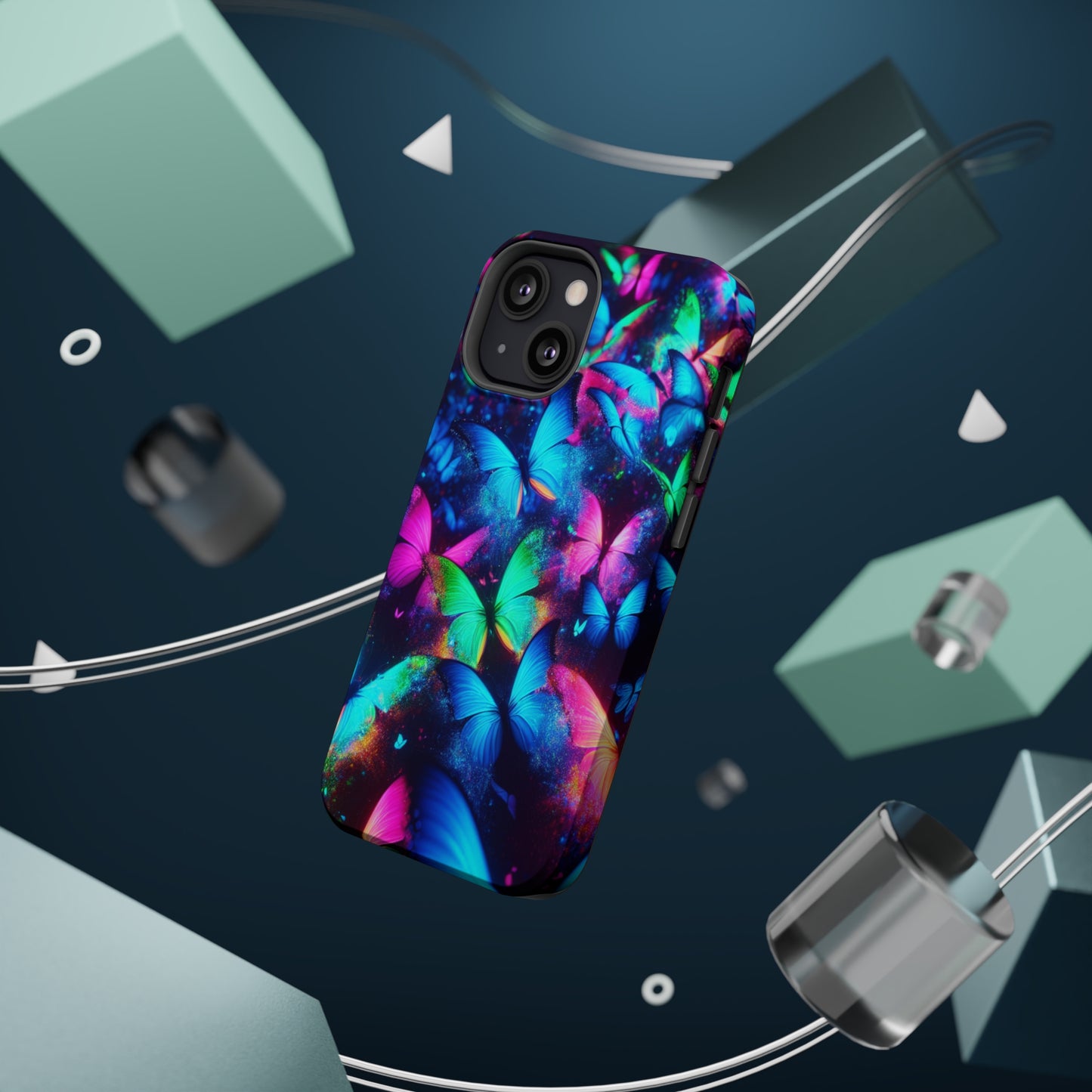 "Neon Flutterglow" Neon Butterflies Premium Art Magsafe Magnet Tough IPhone 13 14 15 Pro Plus Max and Mini in Matte and Glossy Phone cases