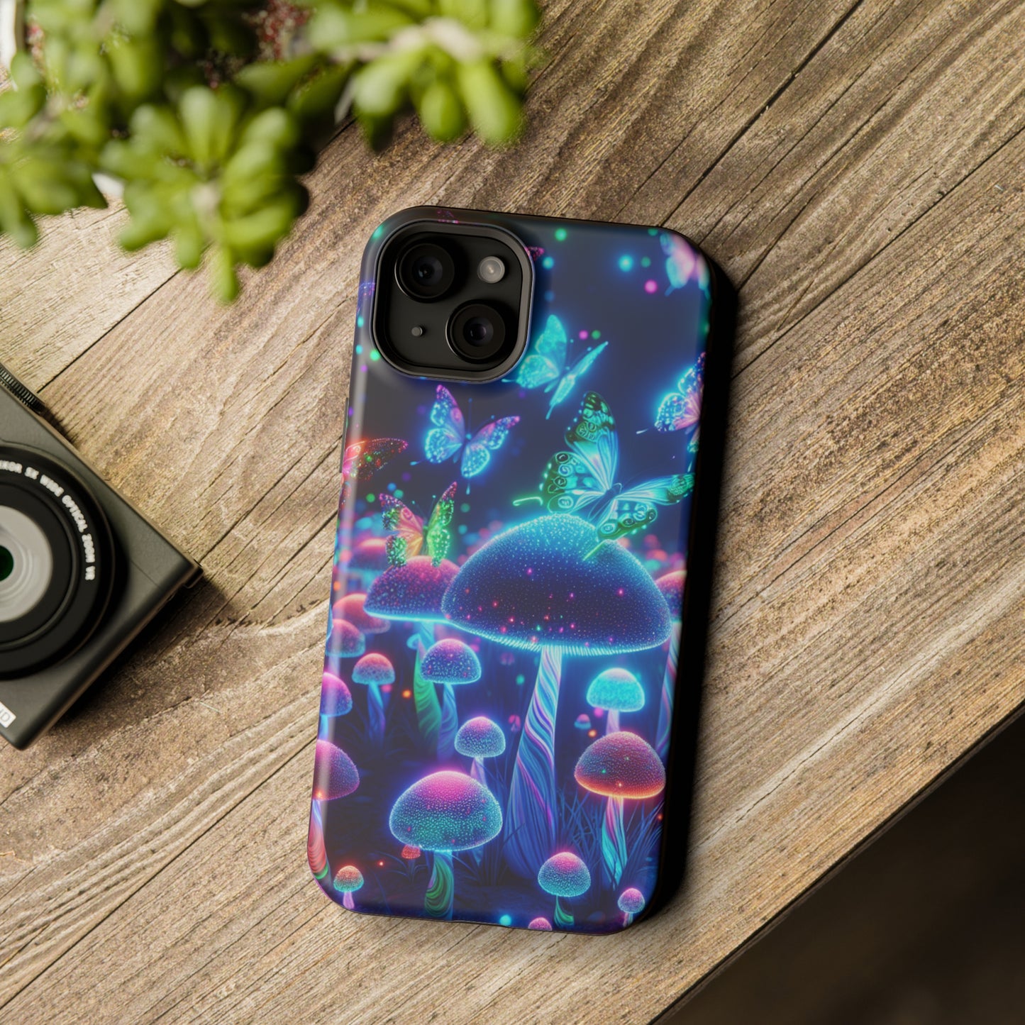Neon Glitterbug Heaven. Neon Butterflies and Mushrooms Premium Art Magsafe Magnet Tough IPhone 13 14 15 Pro Plus Max and Mini in Matte and Glossy Phone cases