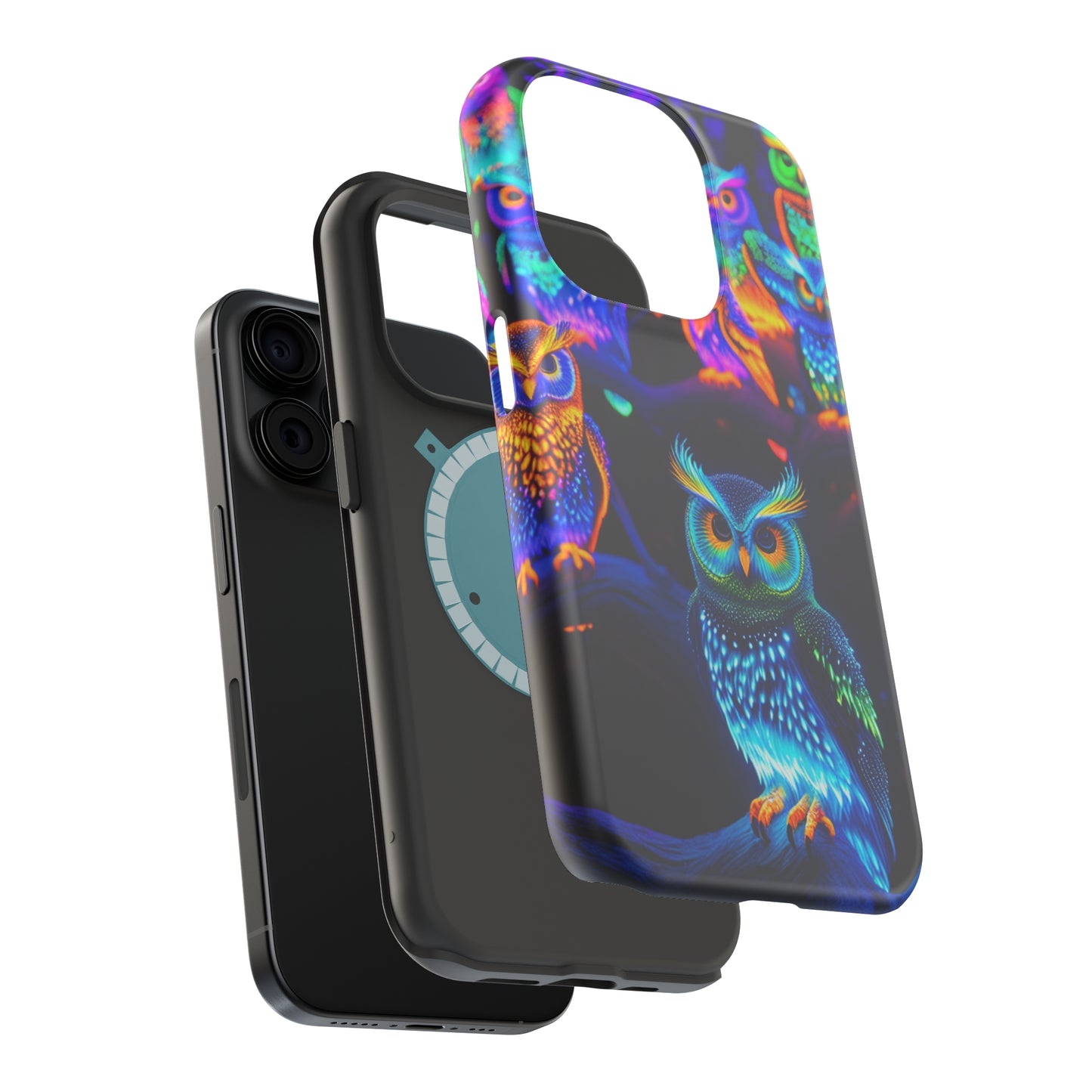 Glowing Neon Clan. Neon Owls Premium Art Magsafe Magnet Tough IPhone 13 14 15 Pro Plus Max and Mini in Matte and Glossy Phone cases