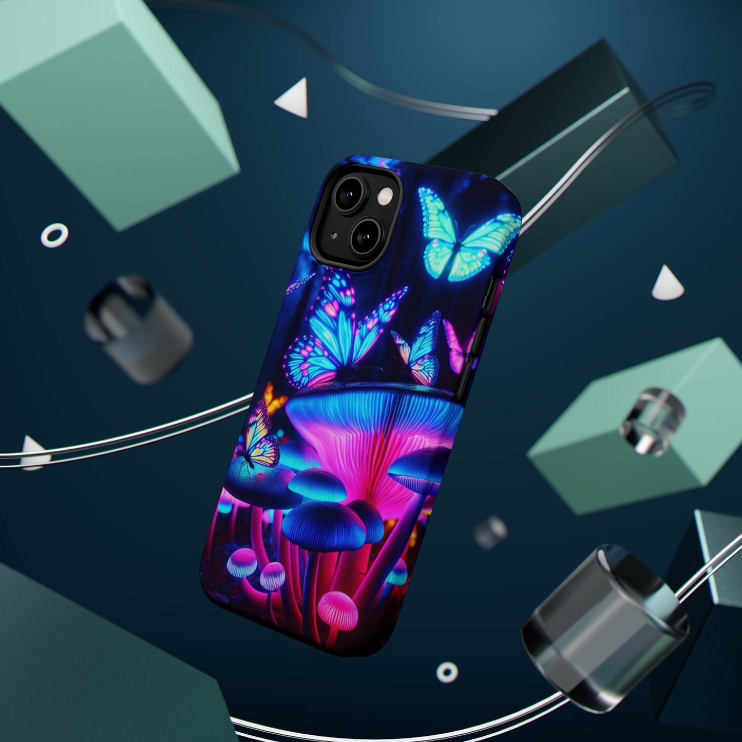 Neon Fantasy Garden Neon Butterflies and Mushrooms Premium Art Magsafe Magnet Tough IPhone 13 14 15 Pro Plus Max and Mini in Matte and Glossy Phone cases