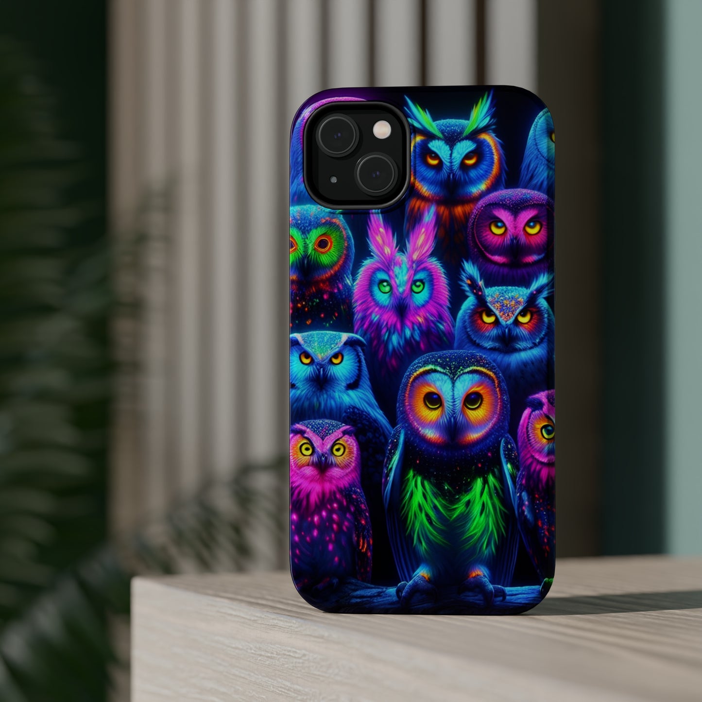Neon Nocturnal Nook Neon Owls Premium Art Magsafe Magnet Tough IPhone 13 14 15 Pro Plus Max and Mini in Matte and Glossy Phone cases