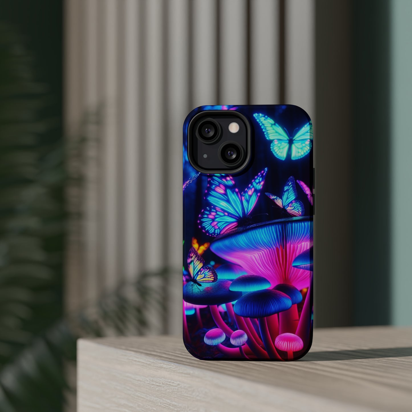 Neon Fantasy Garden Neon Butterflies and Mushrooms Premium Art Magsafe Magnet Tough IPhone 13 14 15 Pro Plus Max and Mini in Matte and Glossy Phone cases
