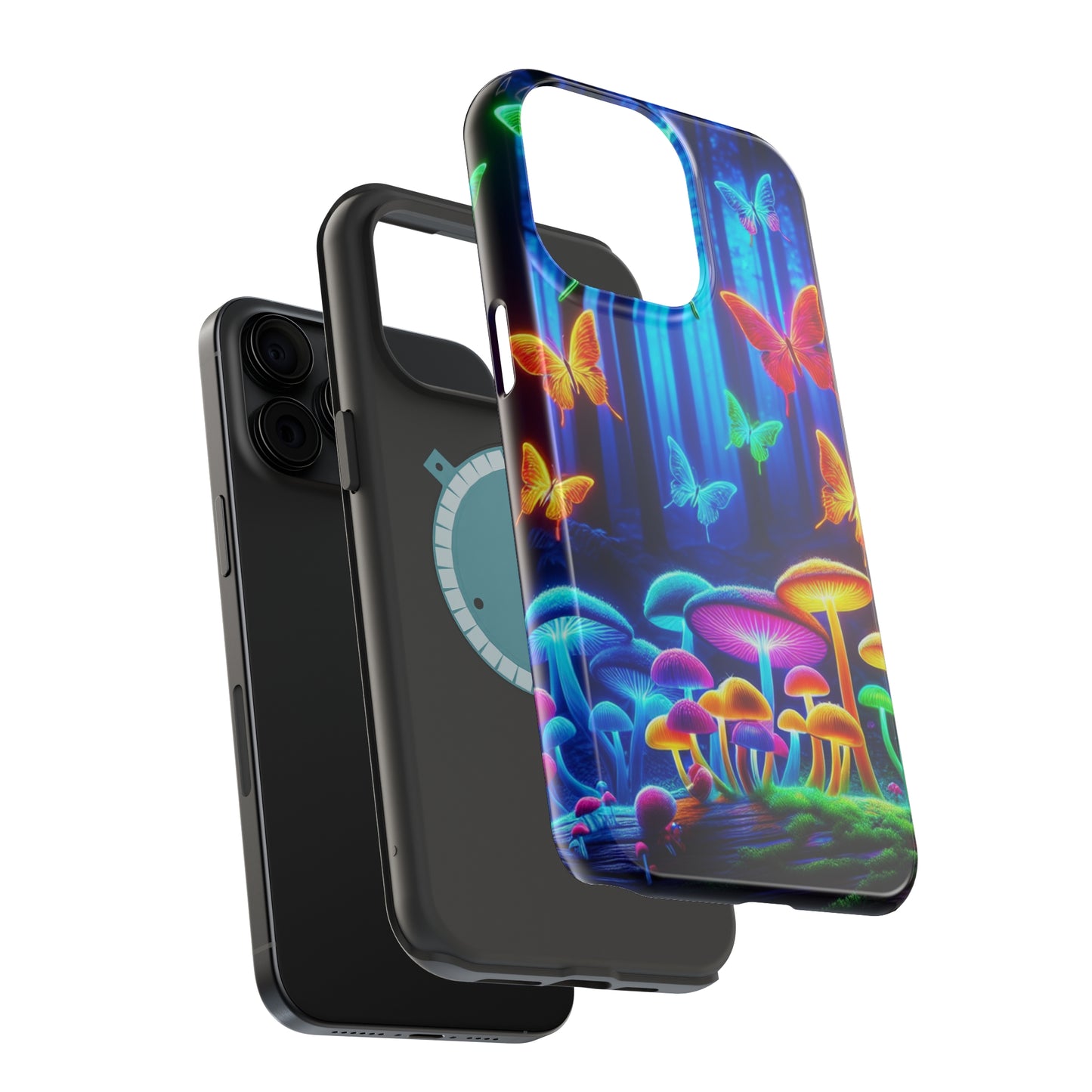 "Neon Garden Delight" Neon Butterflies and Mushrooms Premium Art Magsafe Magnet Tough IPhone 13 14 15 Pro Plus Max and Mini in Matte and Glossy Phone cases