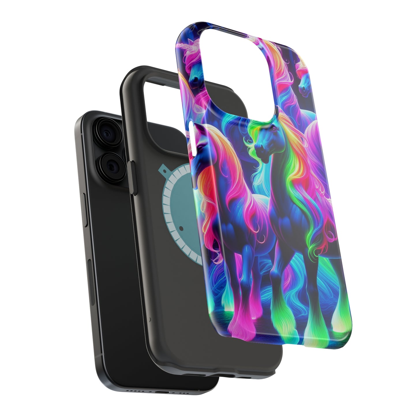 Neon Magic Skies - Unicorn Gang. Neon Unicorns Premium Art Magsafe Magnet Tough IPhone 13 14 15 Pro Plus Max and Mini in Matte and Glossy Phone cases