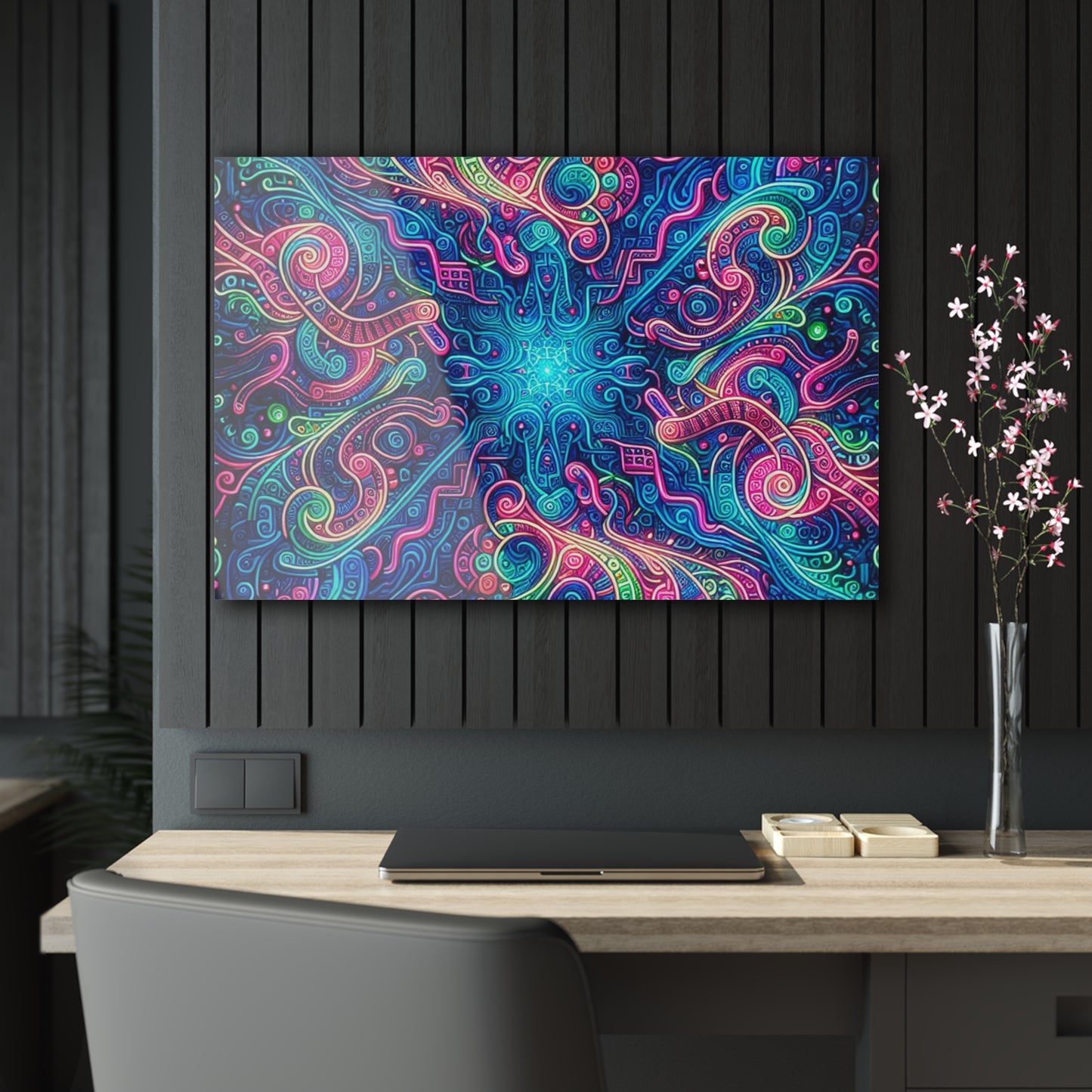 Infinite Tilted Prismatic Neon Transcendence. Trippy infity Pattern 1/4" Glossy Acrylic Art