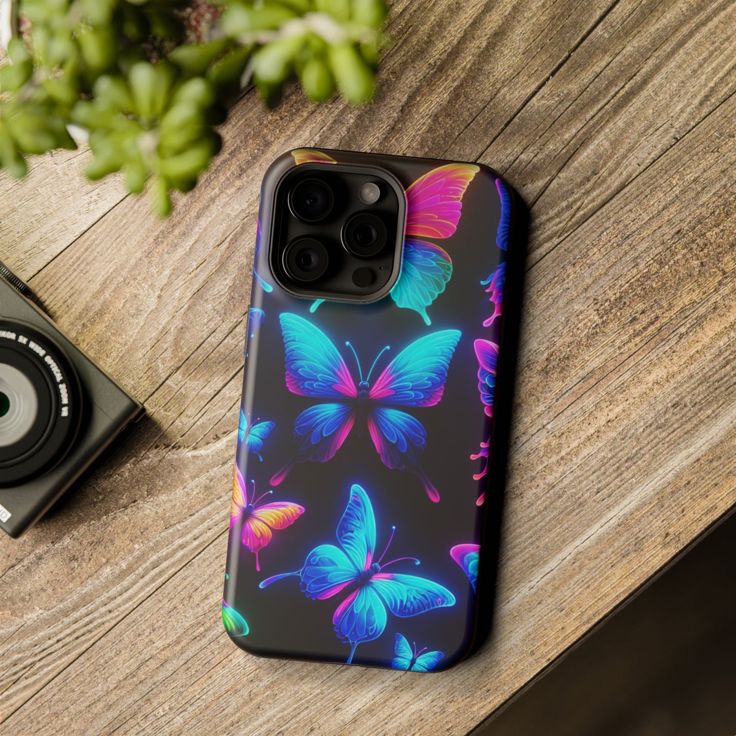 "Neon Flight Frenzy" Neon Butterflies Premium Art Magsafe Magnet Tough IPhone 13 14 15 Pro Plus Max and Mini in Matte and Glossy Phone cases