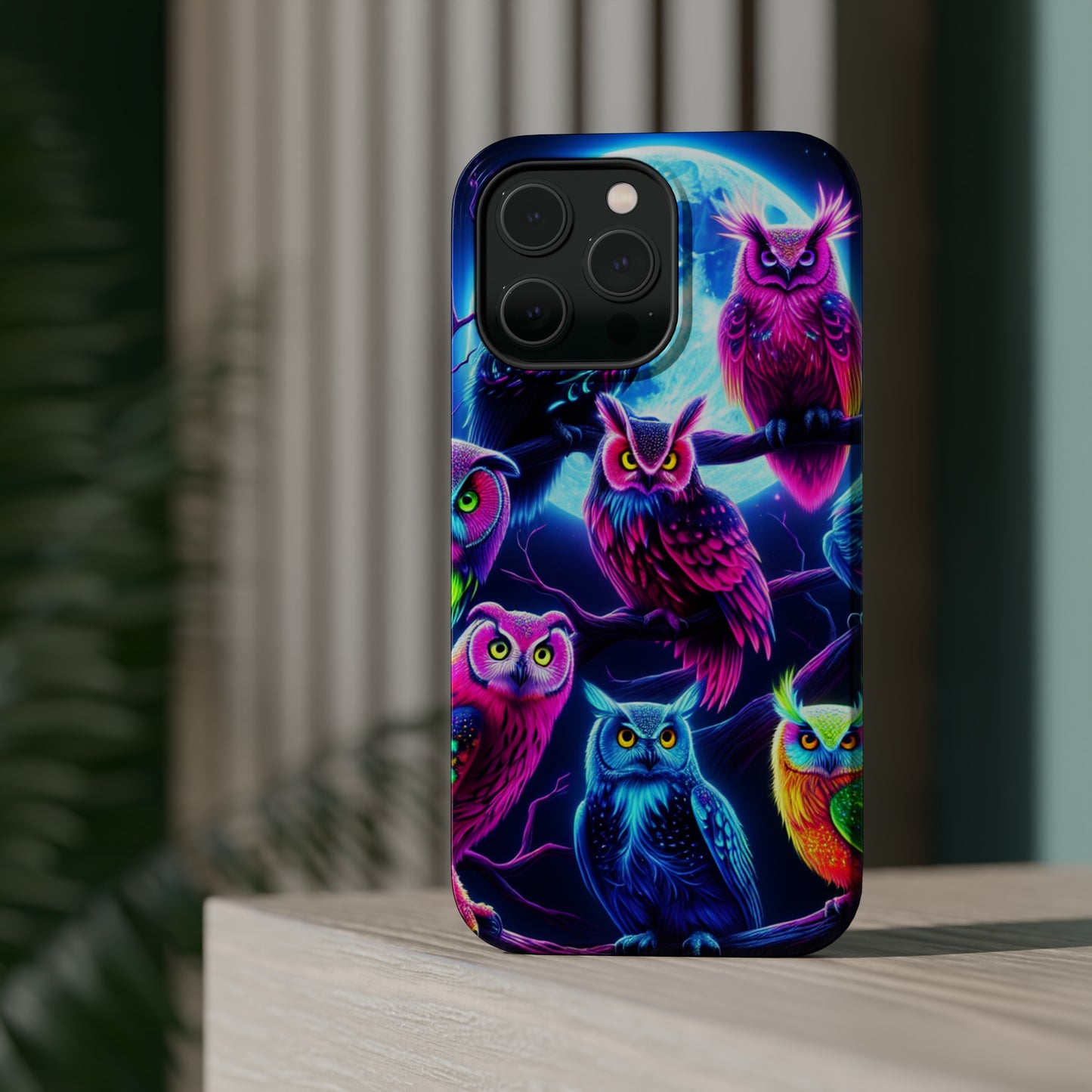 "Neon Splash of Owls" Neon Owls Premium Art Magsafe Magnet Tough IPhone 13 14 15 Pro Plus Max and Mini in Matte and Glossy Phone cases