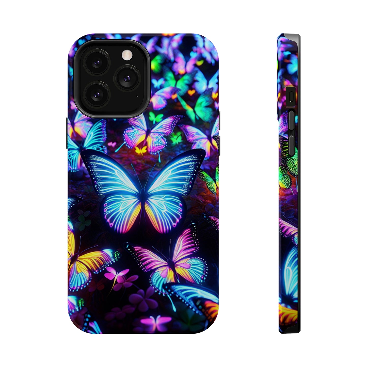 "Neon Butterflies in the Night Sky" Neon Butterflies Premium Art Magsafe Magnet Tough IPhone 13 14 15 Pro Plus Max and Mini in Matte and Glossy Phone cases