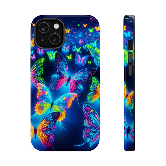 "Atmospheric Fluorescence" Neon Butterflies Premium Art Magsafe Magnet Tough IPhone 13 14 15 Pro Plus Max and Mini in Matte and Glossy Phone cases