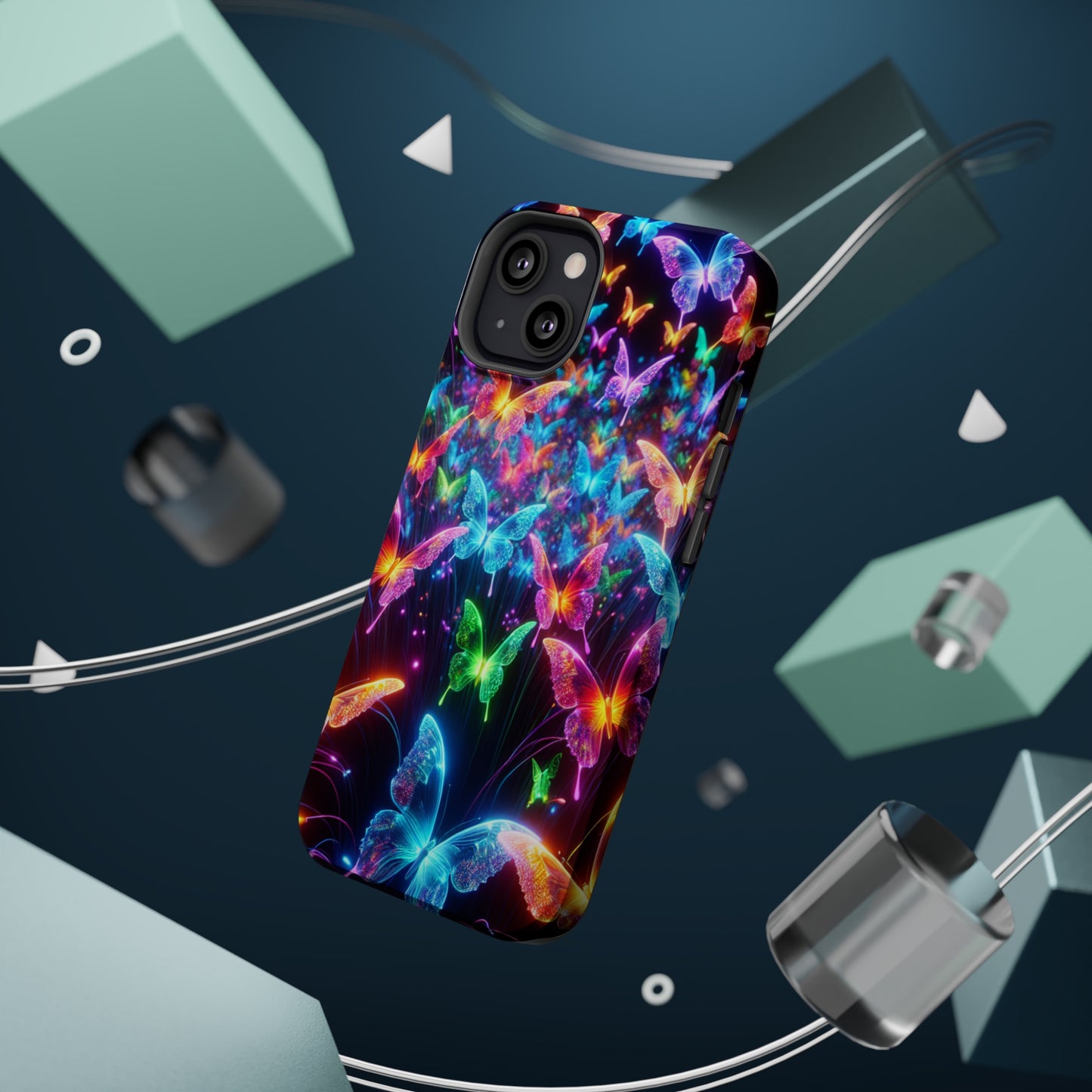 "Neon Flutterburst" Neon Butterflies Premium Art Magsafe Magnet Tough IPhone 13 14 15 Pro Plus Max and Mini in Matte and Glossy Phone cases