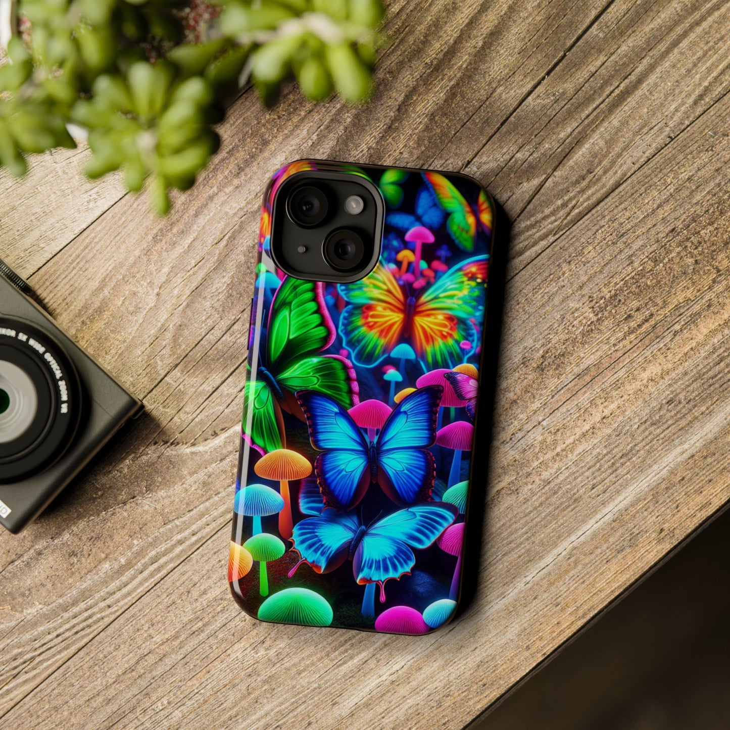 "Fantastic Fruition" Neon Butterflies and Mushrooms Premium Art Magsafe Magnet Tough IPhone 13 14 15 Pro Plus Max and Mini in Matte and Glossy Phone cases