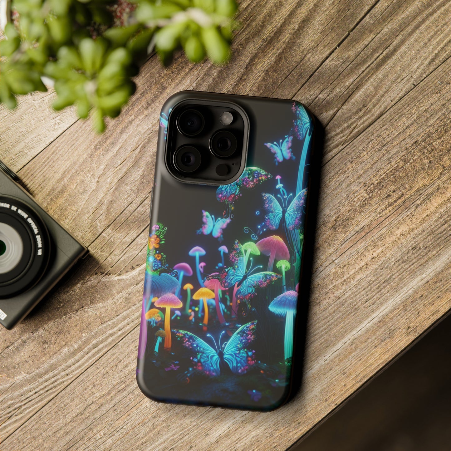 "Neon Dreamscape" Neon Butterflies and Mushrooms Premium Art Magsafe Magnet Tough IPhone 13 14 15 Pro Plus Max and Mini in Matte and Glossy Phone cases