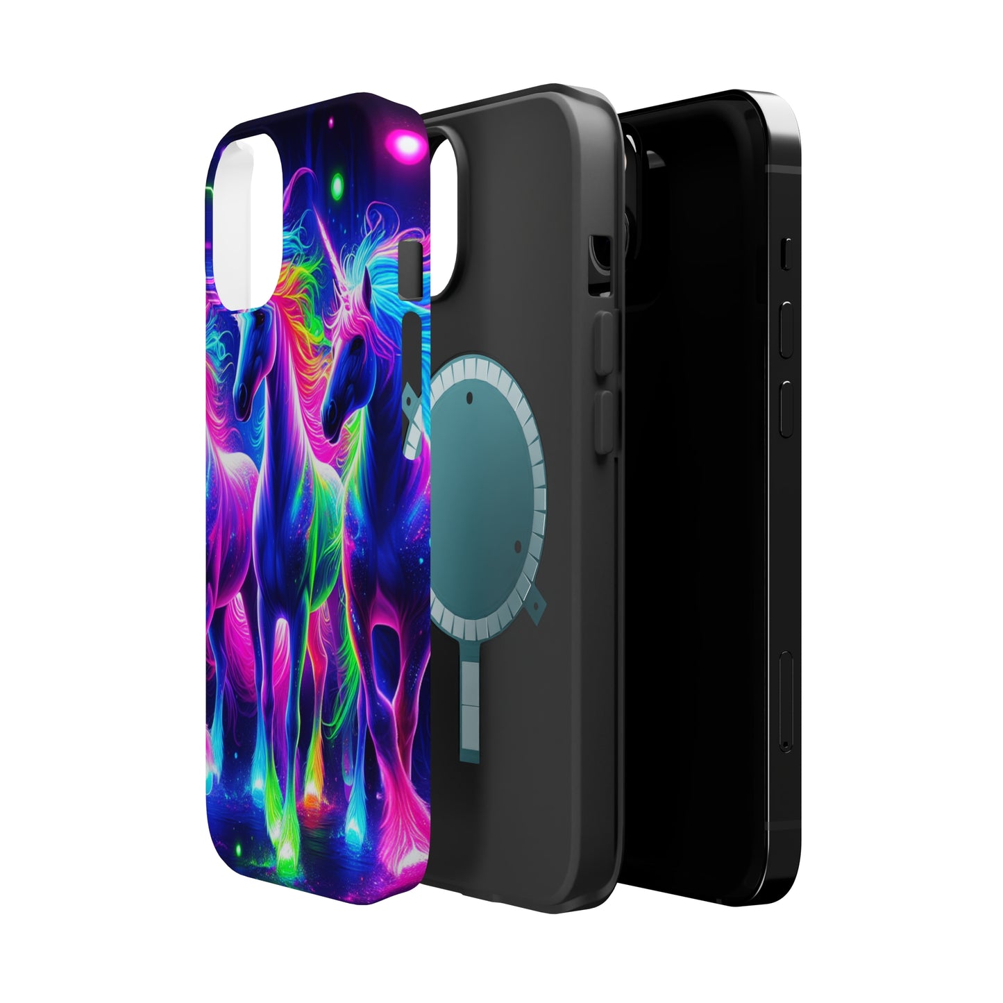 "Uni-Neon Fantasy" Neon Unicorns Premium Art Magsafe Magnet Tough IPhone 13 14 15 Pro Plus Max and Mini in Matte and Glossy Phone cases