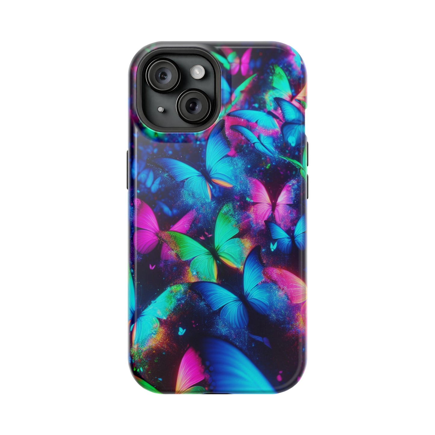 "Neon Flutterglow" Neon Butterflies Premium Art Magsafe Magnet Tough IPhone 13 14 15 Pro Plus Max and Mini in Matte and Glossy Phone cases
