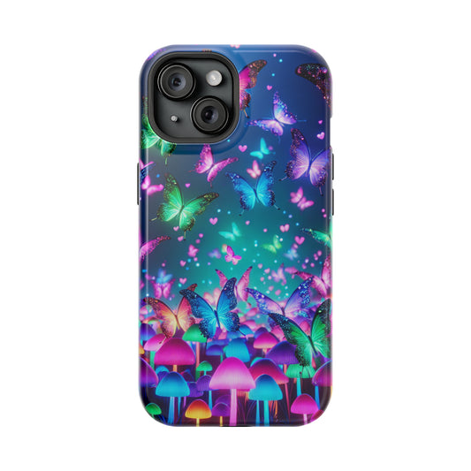 Neon Eden. Neon Butterflies and Mushrooms Premium Art Magsafe Magnet Tough IPhone 13 14 15 Pro Plus Max and Mini in Matte and Glossy Phone cases